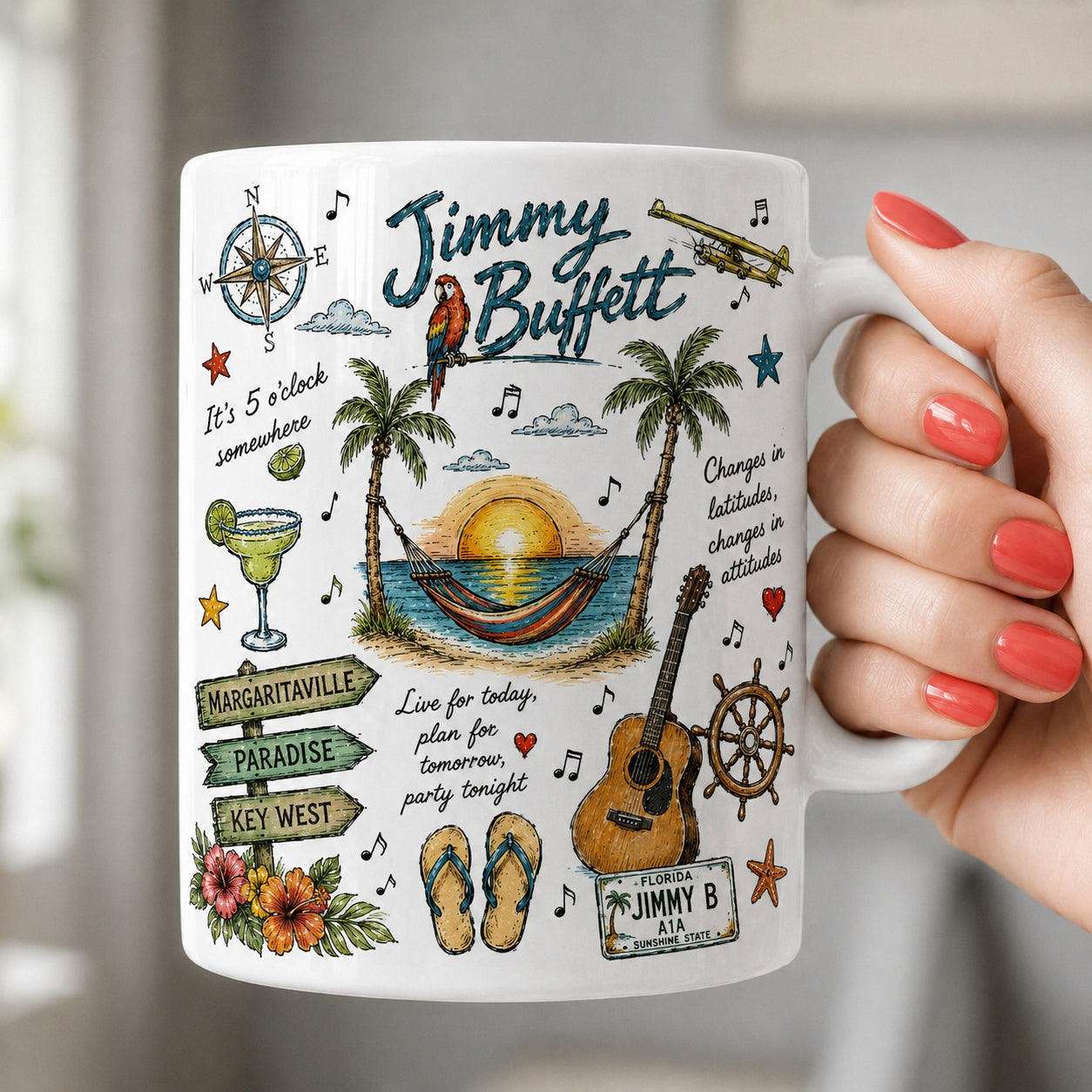 Jimmy Buffett Sketch Mug, Margaritaville Coffee Mug, Tropical Beach Lover Cup, Island Music Fan Ceramic Mug