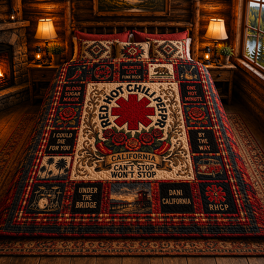 Red Hot Chili Peppers Quilt Blanket – RHCP Sherpa Throw, Vintage Patchwork Rock Blanket, California Music Fan Gift