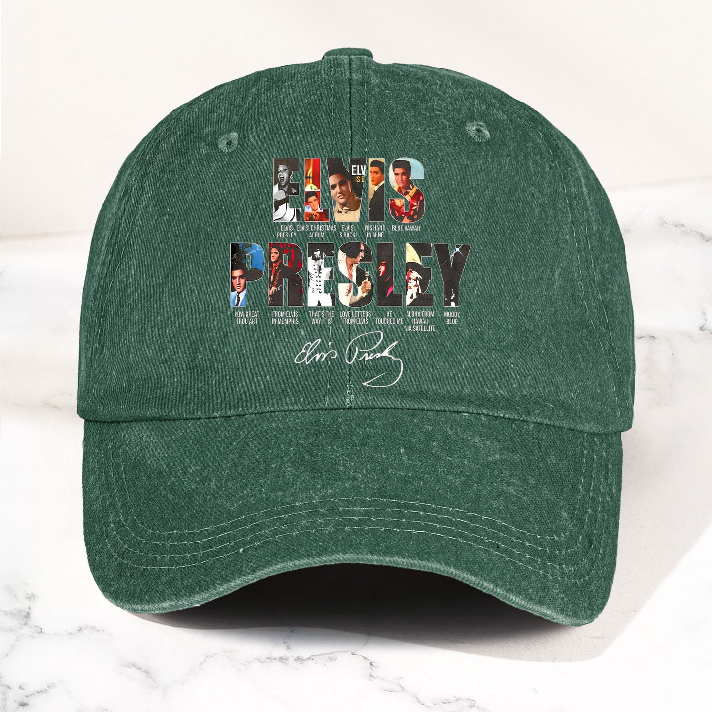Elvis Presley Denim Dad Cap – Iconic Album Collage Design ( With BOX)