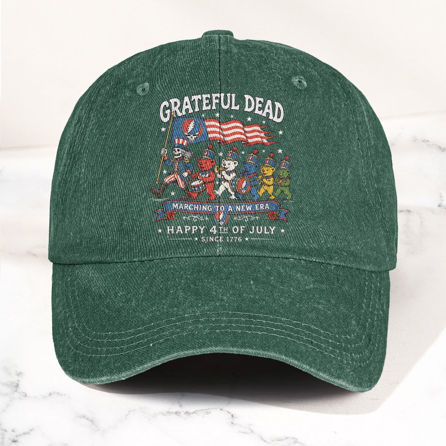 Grateful Dead Marching To A New Era Happy 4th Of July Patriotic Denim Cap – Retro Vintage Dad Cap Gift For Dad (With Box)