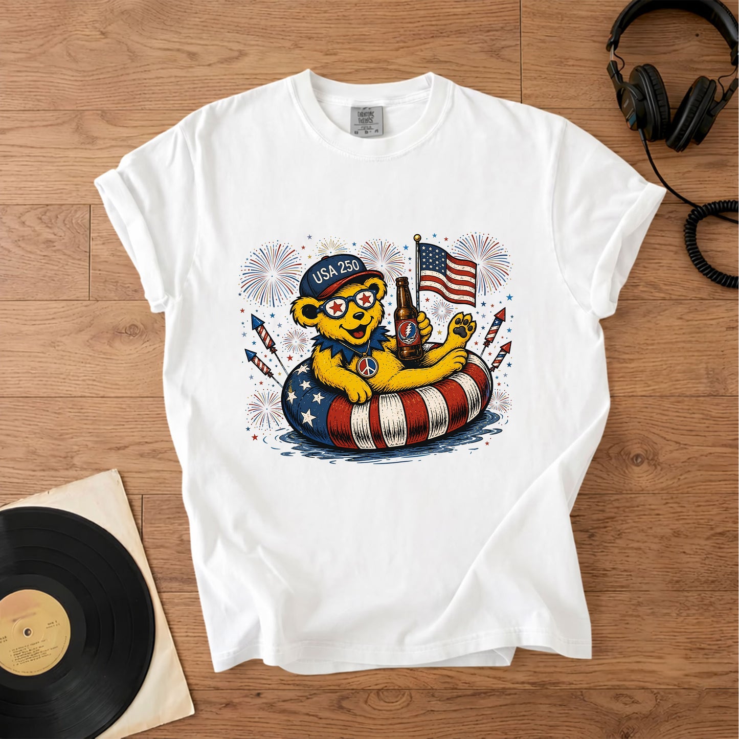 Grateful Dead USA 250 Fireworks Bear 4th of July Graphic T-Shirt – Retro Rock Music Fan Merch Tee