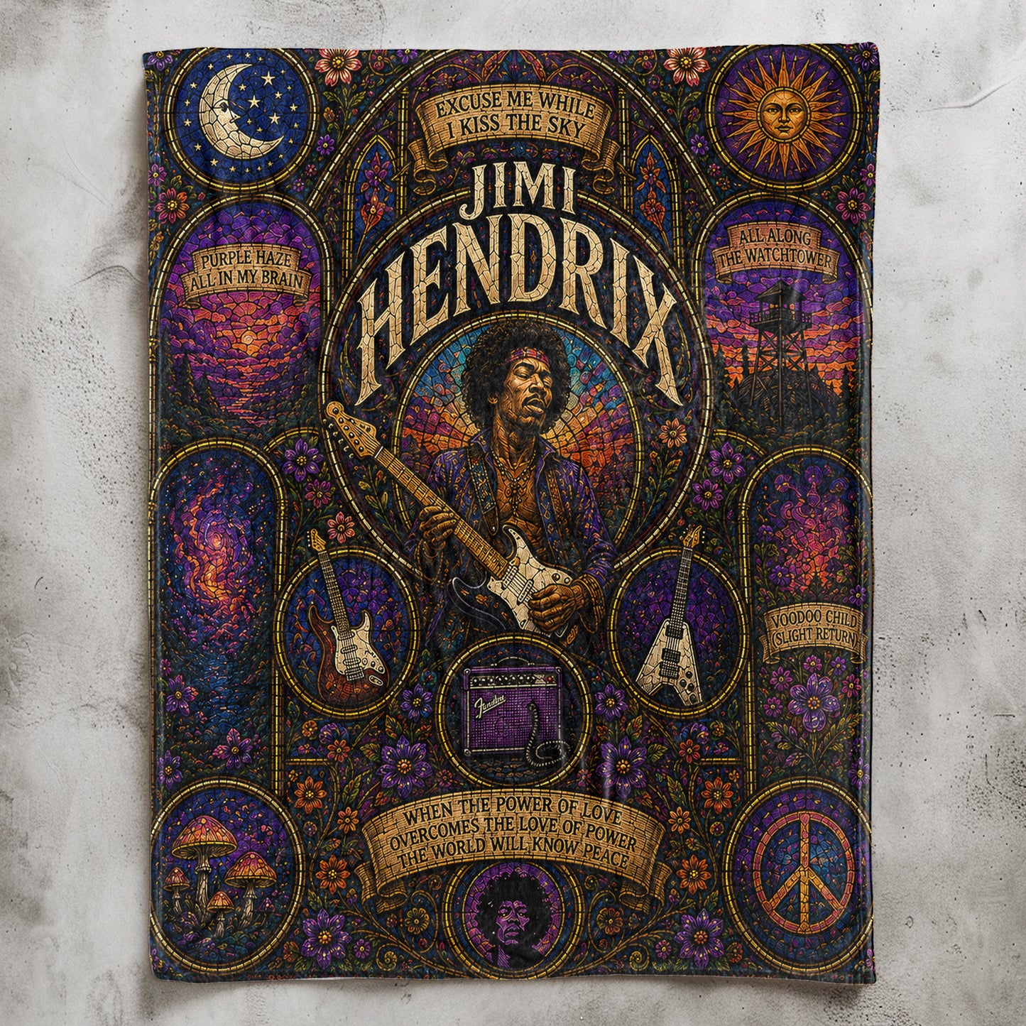 Jimi Hendrix Sherpa Blanket – Purple Haze Stained Glass Blanket
