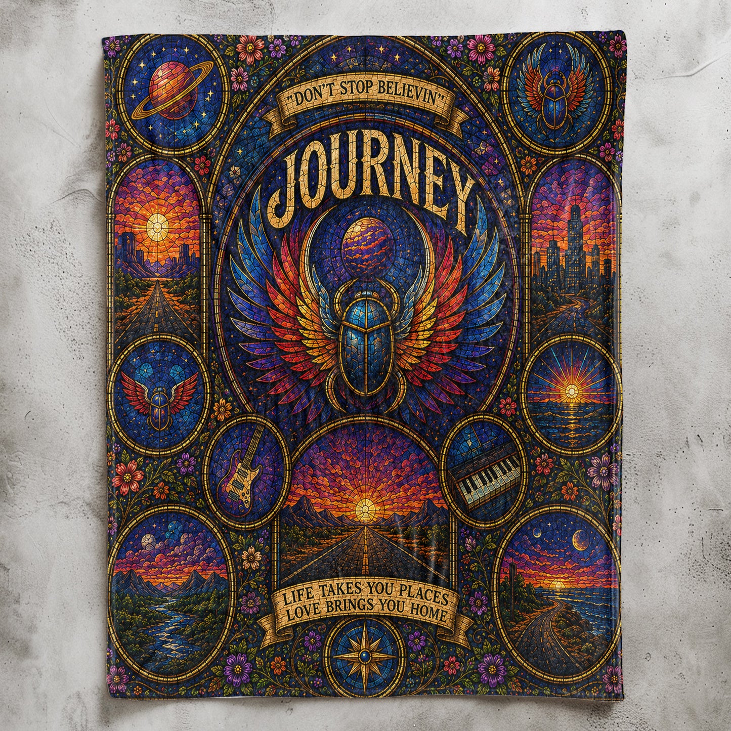 Journey Band Sherpa Blanket – Don't Stop Believin' Stained Glass Blanket