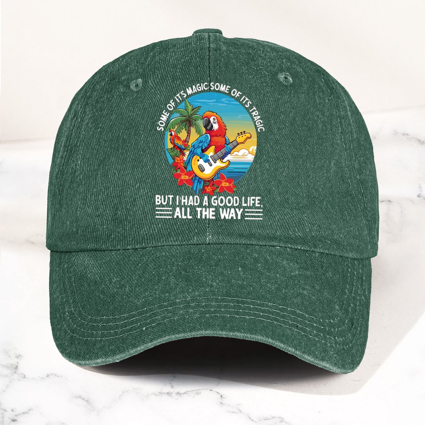 Tropical Parrot Denim Dad Cap – “I Had a Good Life All the Way” Island Music Vibes Hat (With BOX)