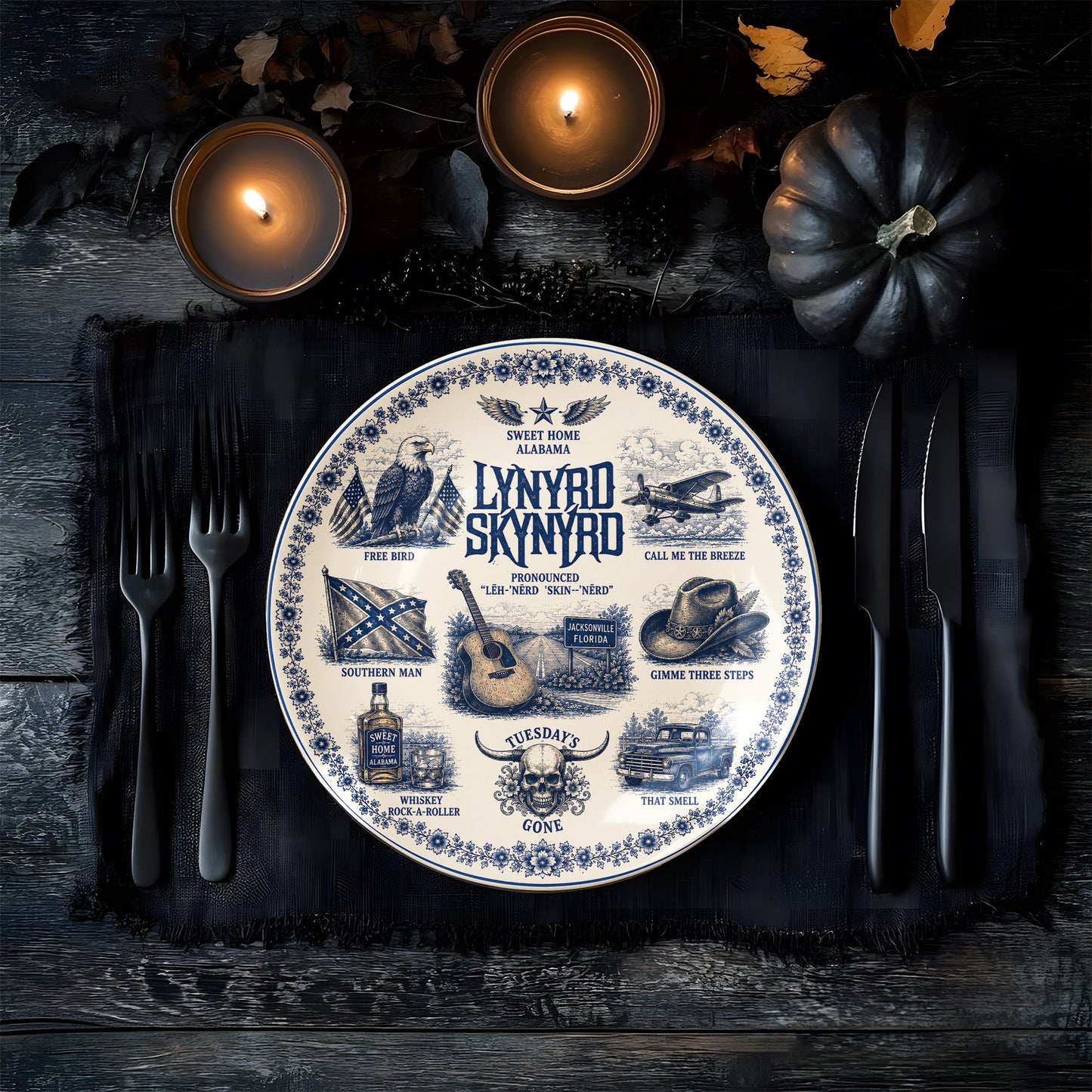Lynyrd Skynyrd Decorative Ceramic Plate with Stand – Blue & White Southern Rock Art Gift