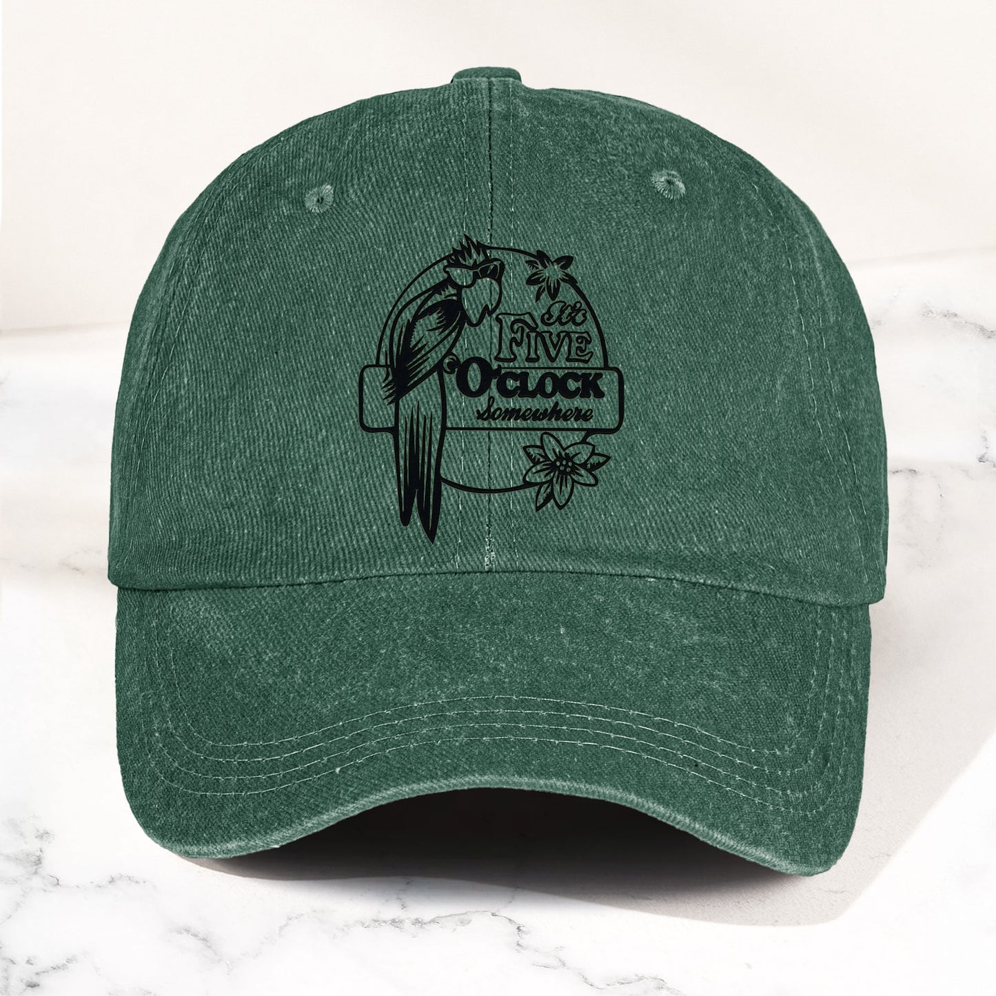 It’s Five O’Clock Somewhere Denim Dad Cap – Tropical Parrot Island Vibes Hat (With BOX)