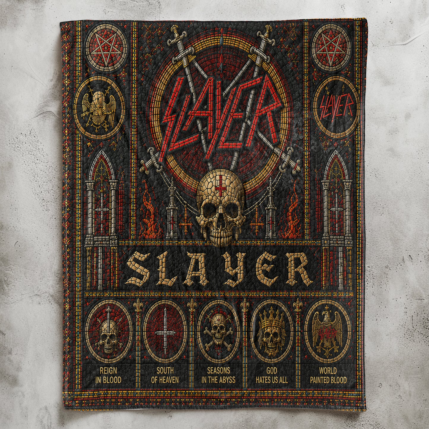 Slayer Sherpa Blanket – Eagle Swords Skull Stained Glass Thrash Metal Throw Blanket