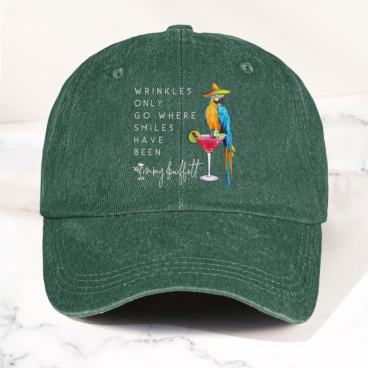 Jimmy Buffett Quote Denim Dad Cap – "Wrinkles Only Go Where Smiles Have Been"