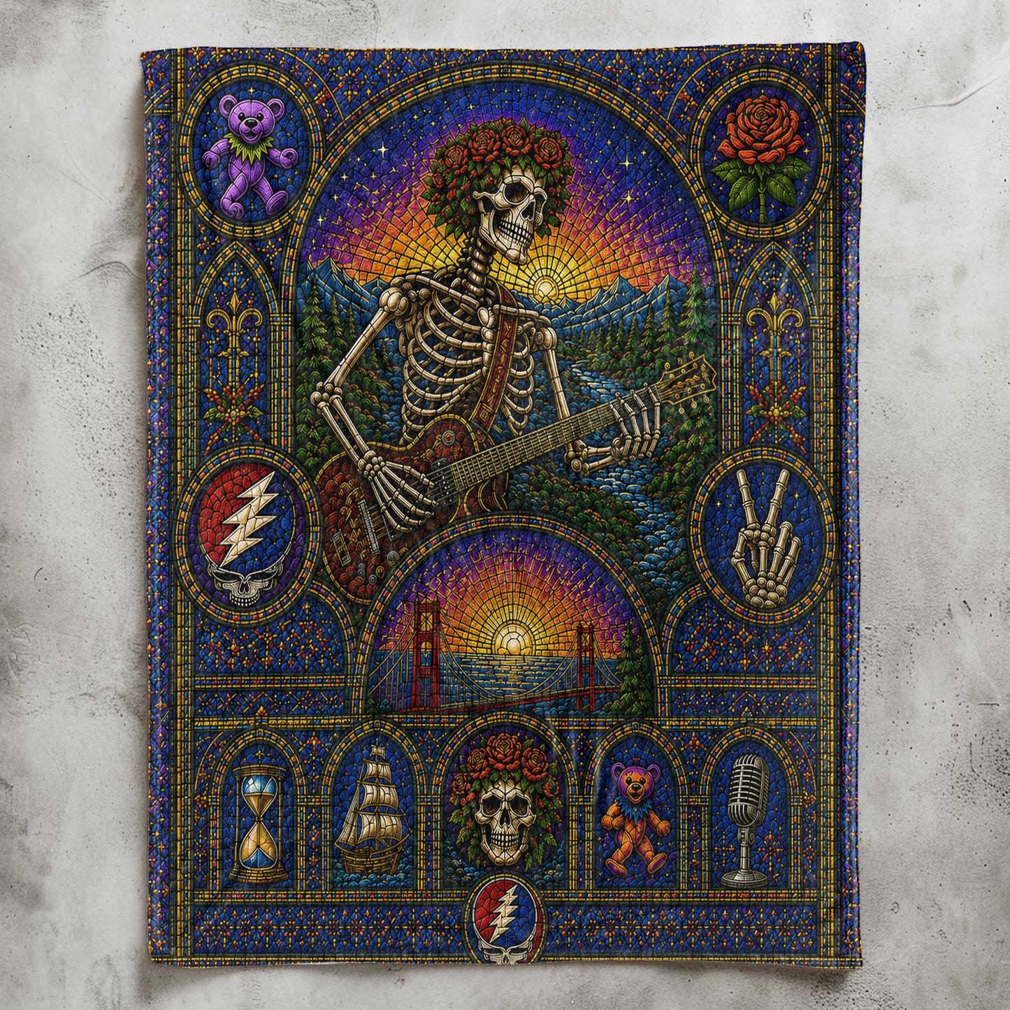 Grateful Dead Sherpa Blanket – Bertha Skeleton Guitarist Gothic Stained Glass Blanket