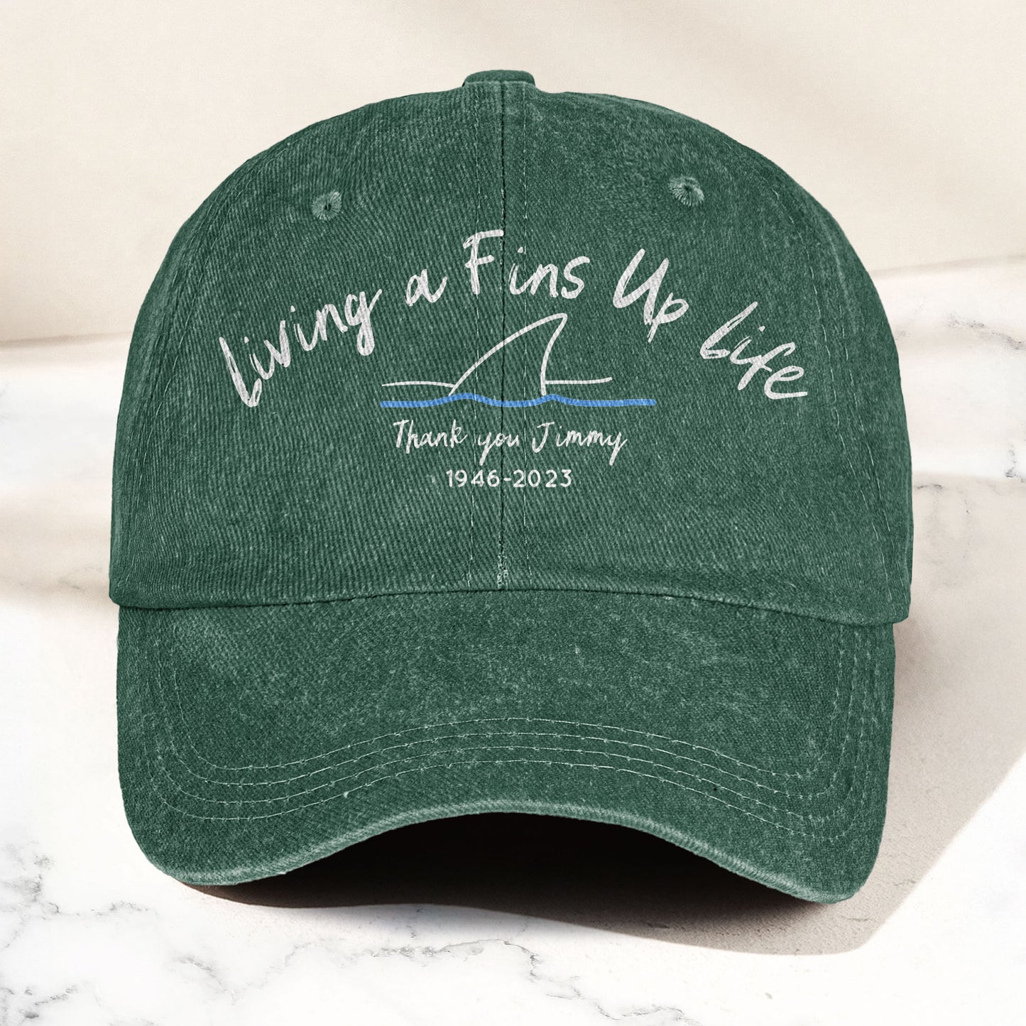 Living A Fins Up Life Denim Cap – Retro Jimmy Buffett Inspired Dad Hat (With Box)