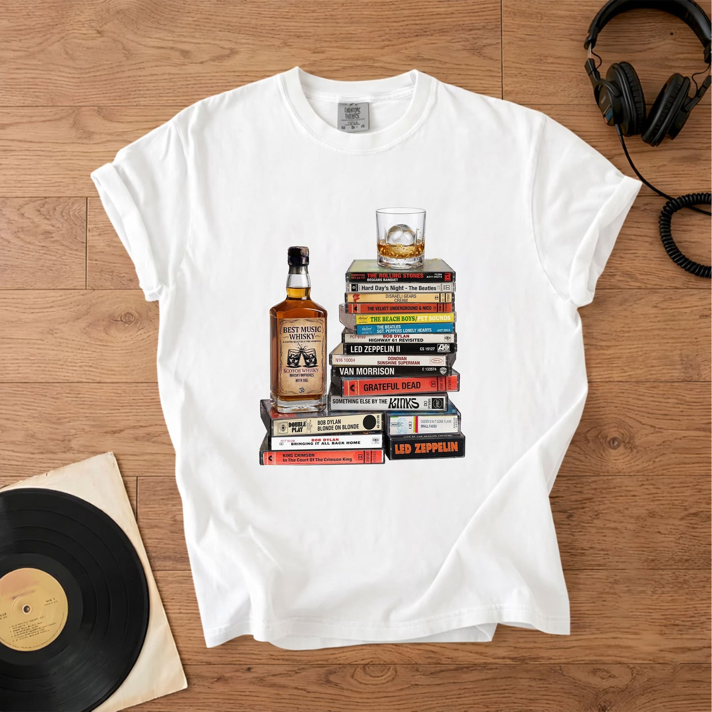 Classic Rock 1960s Cassette Album Collection T-Shirt – Vintage The Beatles The Rolling Stones Grateful Dead Led Zeppelin Tee