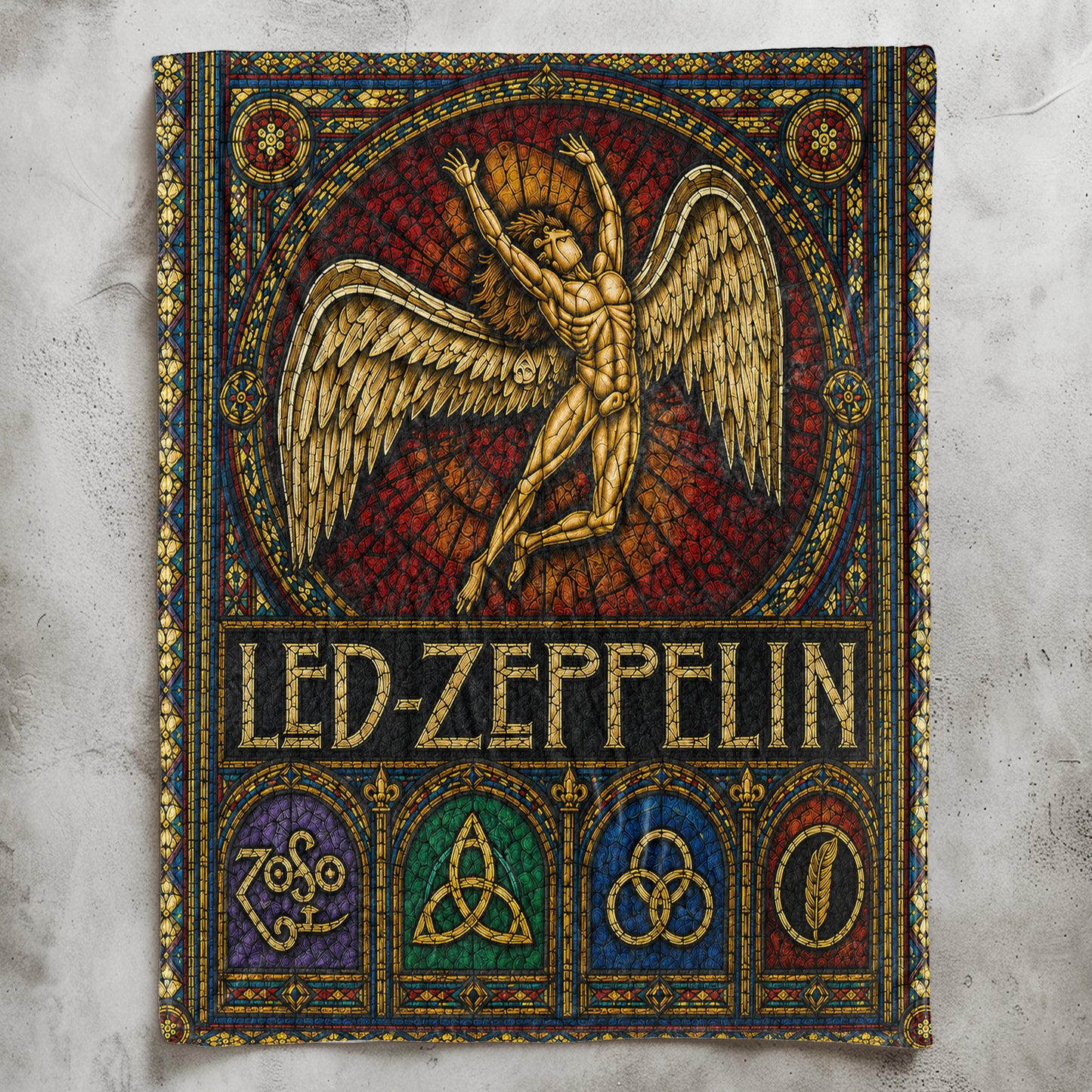Led Zeppelin Sherpa Blanket – Icarus Swan Song Stained Glass Rock Icon Throw Blanket