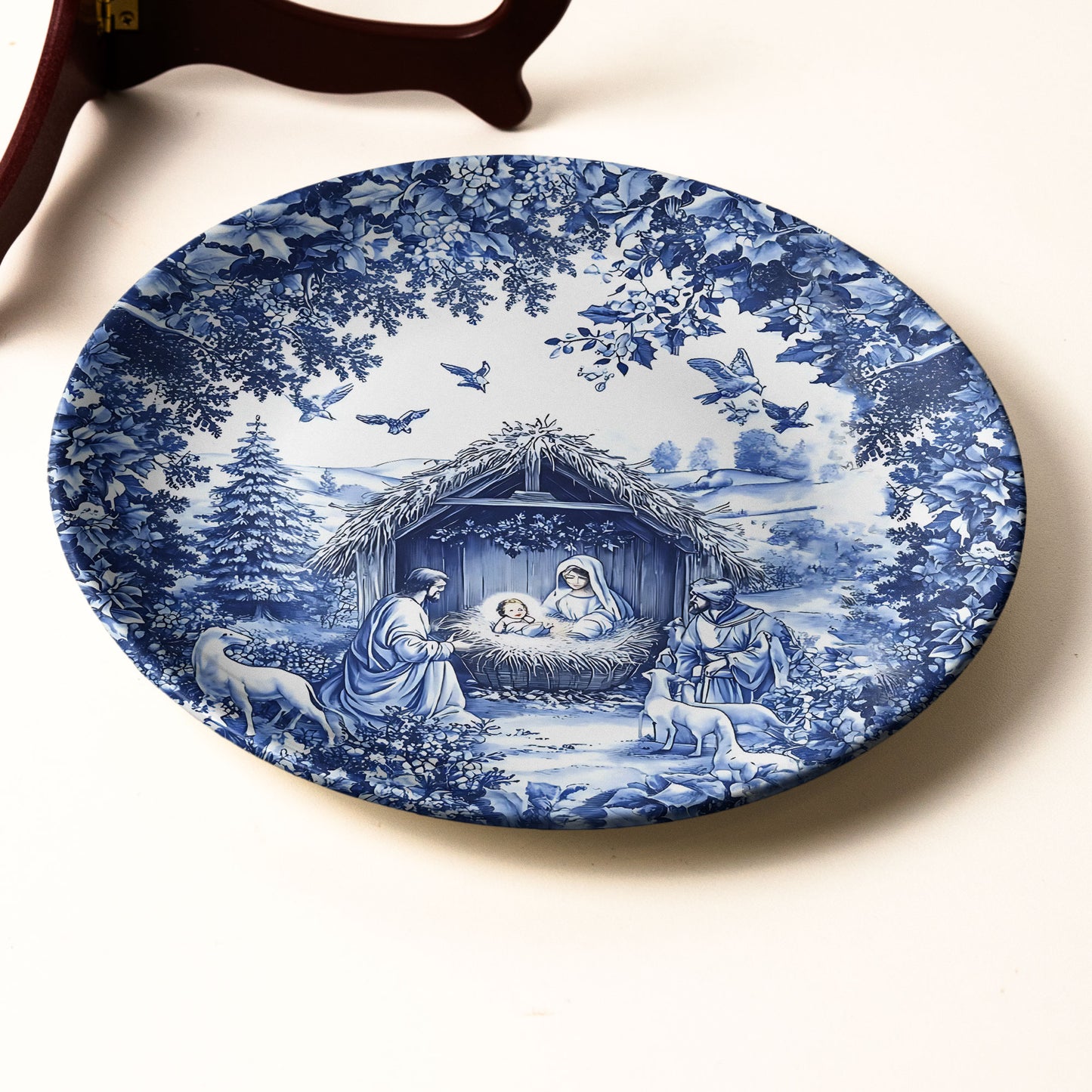 Christmas Nativity Collectible Ceramic Plate – Blue Winter Design
