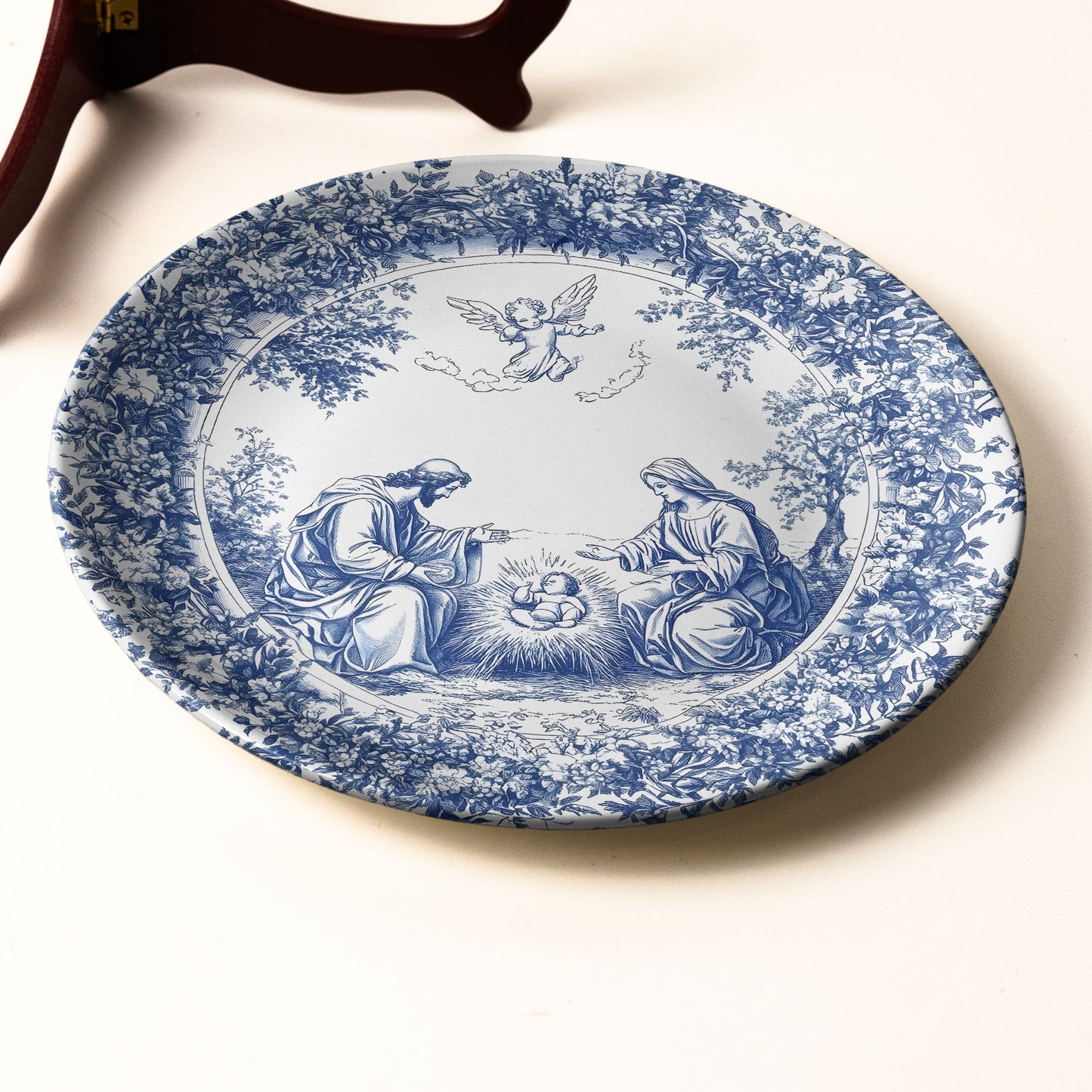 Nativity Scene Decorative Ceramic Plate – Blue & White Christmas Collectible