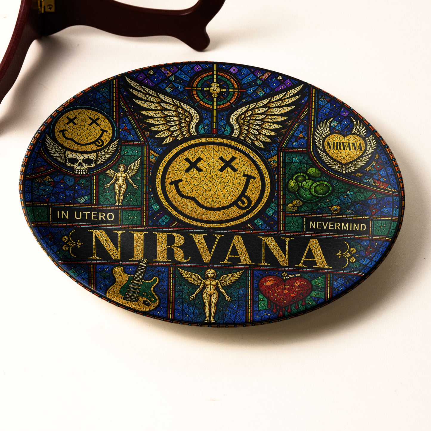 Nirvana Stained Glass Decorative Ceramic Plate – Nevermind & In Utero Inspired Music Collector Plate, Grunge Wall Art Gift for Fans