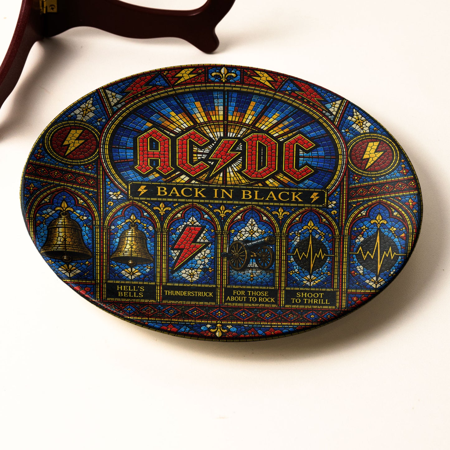 AC/DC Stained Glass Decorative Ceramic Plate – Back in Black Inspired Music Collector Plate, Rock Band Wall Art Gift for Fans