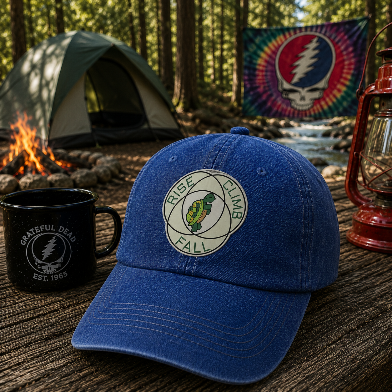 Grateful Dead Rise Climb Fall Vintage Denim Cap – Turtle Camping Deadhead Dad Hat Gift