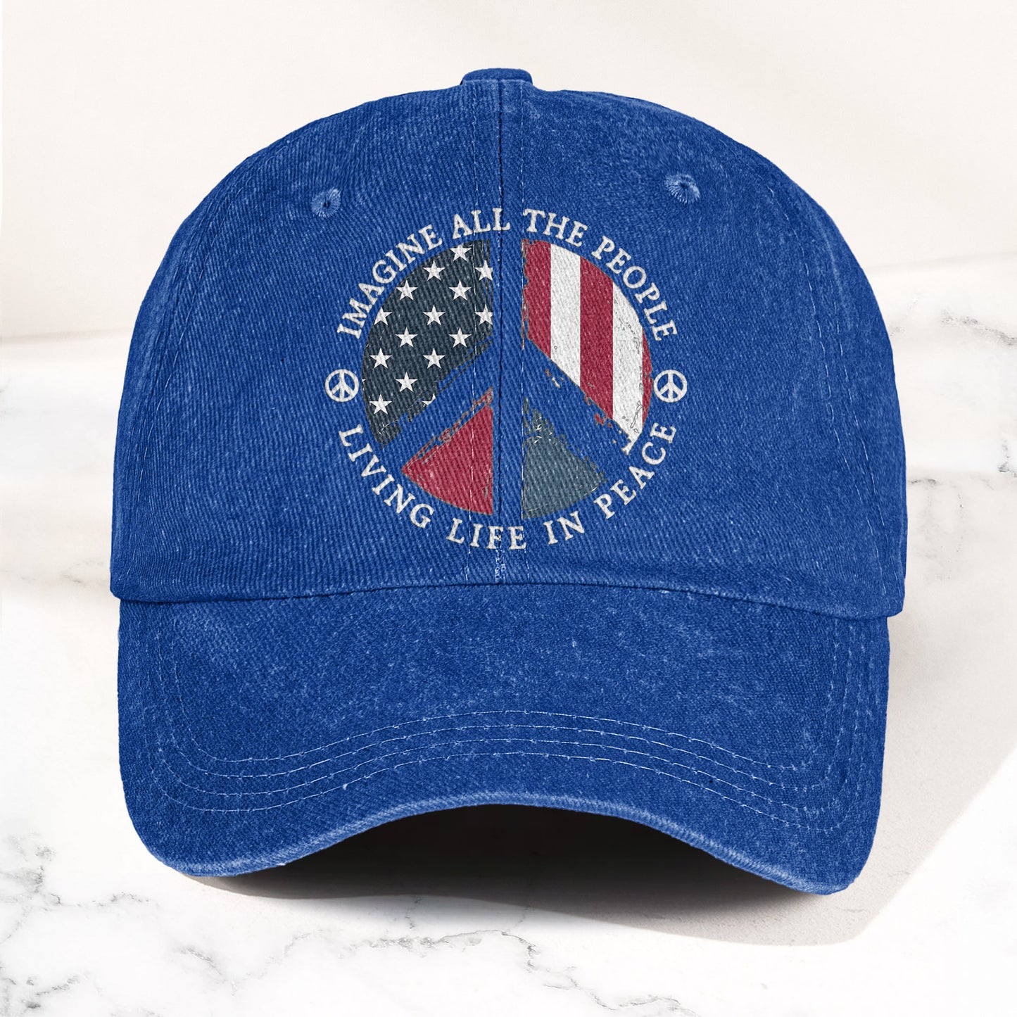 John Lennon Imagine All The People Living Life In Peace Sign American Flag Denim Cap – Retro Vintage Dad Cap Gift For Dad (With Box)