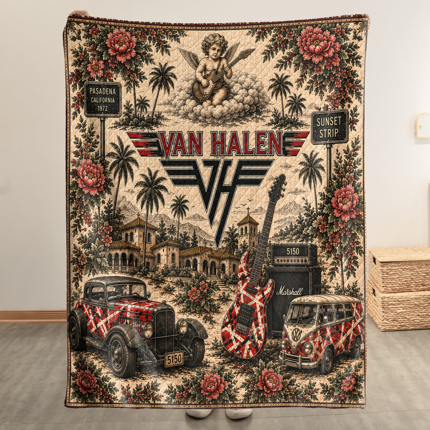 Van Halen Sherpa Blanket – Frankenstrat Guitar Vintage Collage Hard Rock Blanket