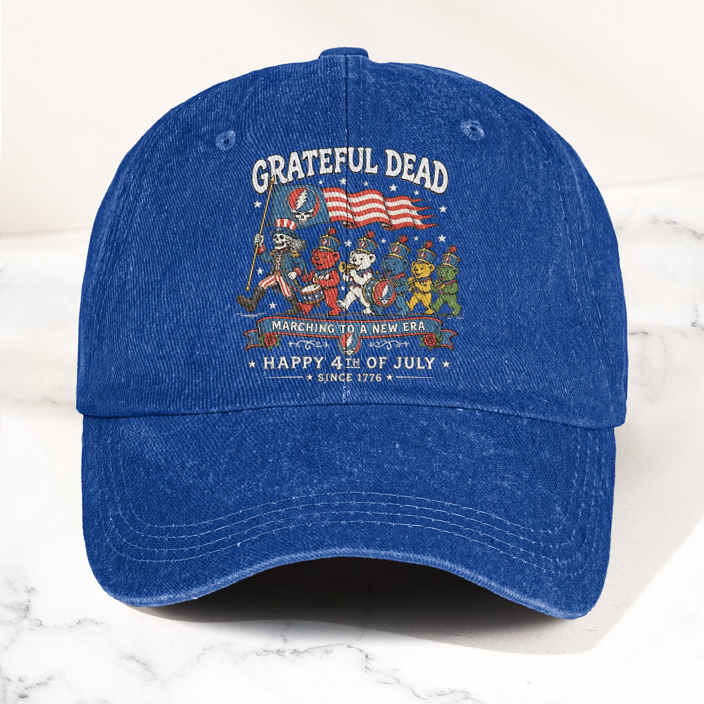 Grateful Dead Marching To A New Era Happy 4th Of July Patriotic Denim Cap – Retro Vintage Dad Cap Gift For Dad (With Box)