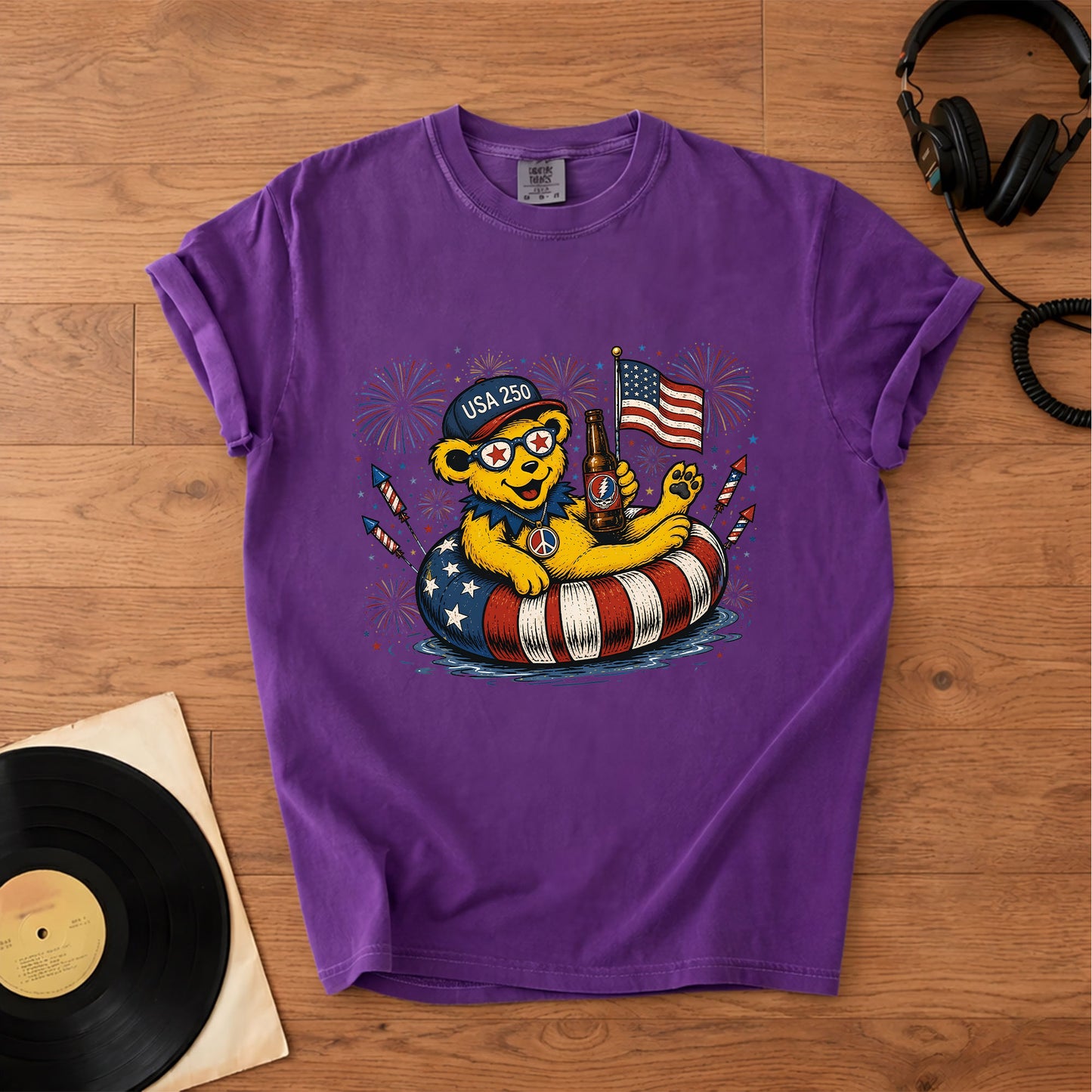 Grateful Dead USA 250 Fireworks Bear 4th of July Graphic T-Shirt – Retro Rock Music Fan Merch Tee