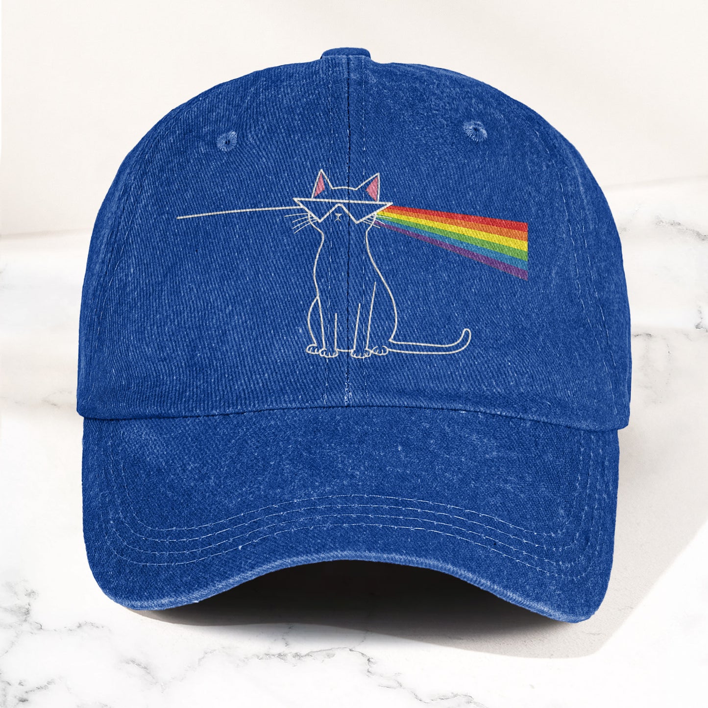 Pink Floyd Inspired Rainbow Prism Cat Pride Vintage Denim Cap – Retro Dad Cap (With Box)