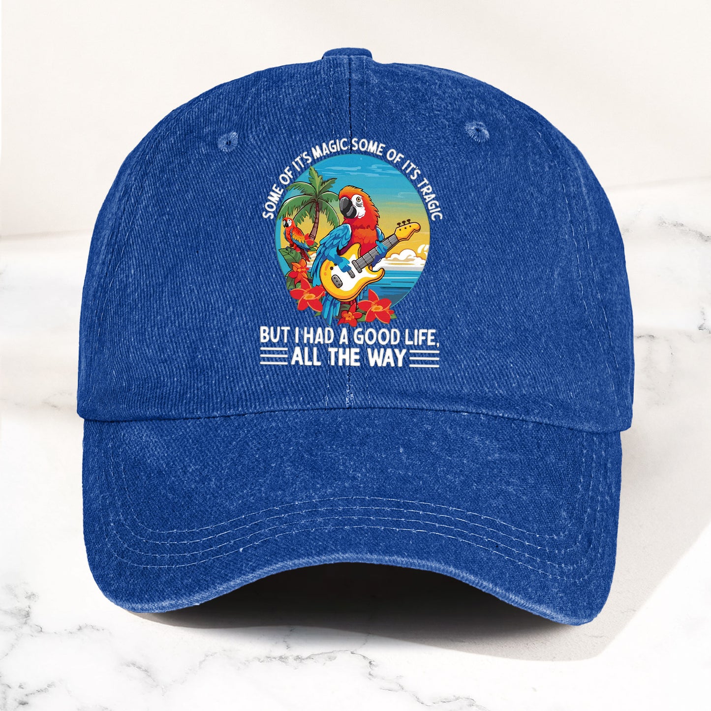 Tropical Parrot Denim Dad Cap – “I Had a Good Life All the Way” Island Music Vibes Hat (With BOX)