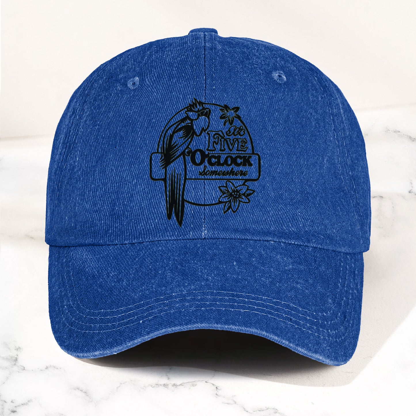 It’s Five O’Clock Somewhere Denim Dad Cap – Tropical Parrot Island Vibes Hat (With BOX)