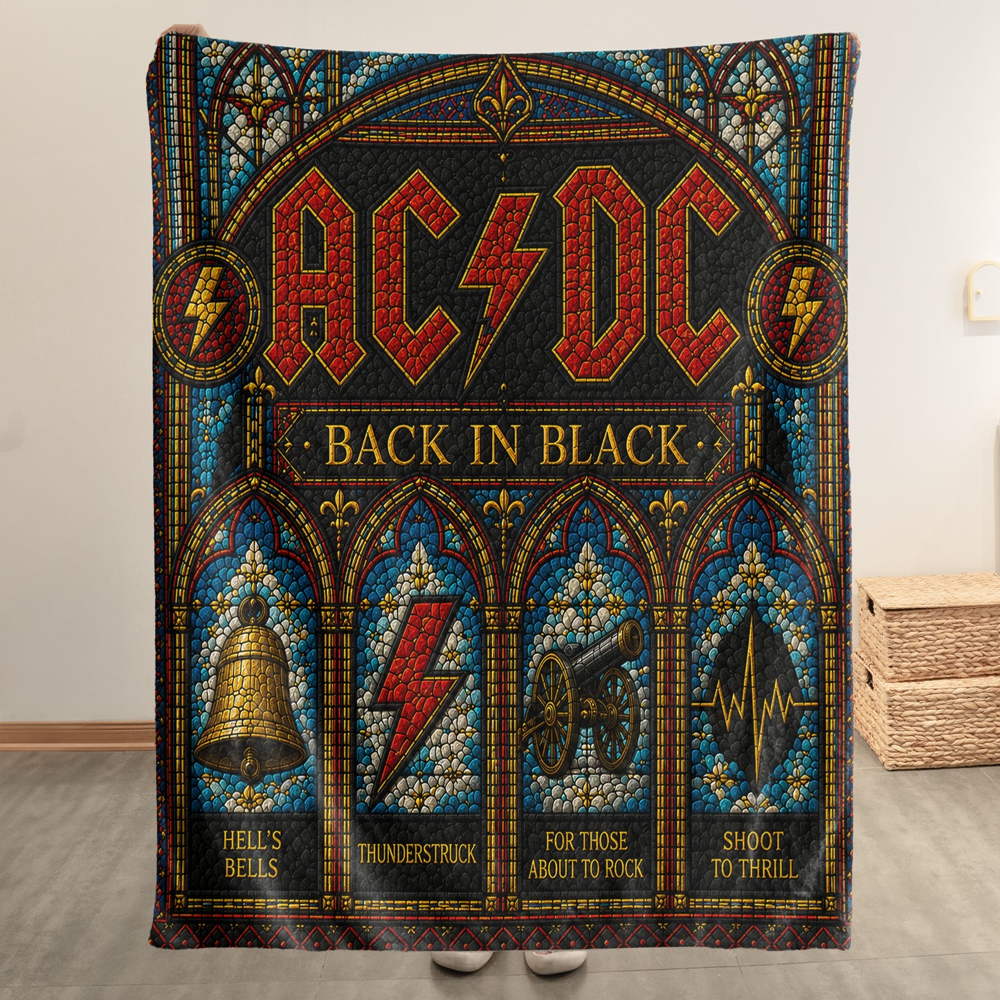 AC/DC Back In Black Sherpa Blanket – Stained Glass Rock Icon Throw Blanket