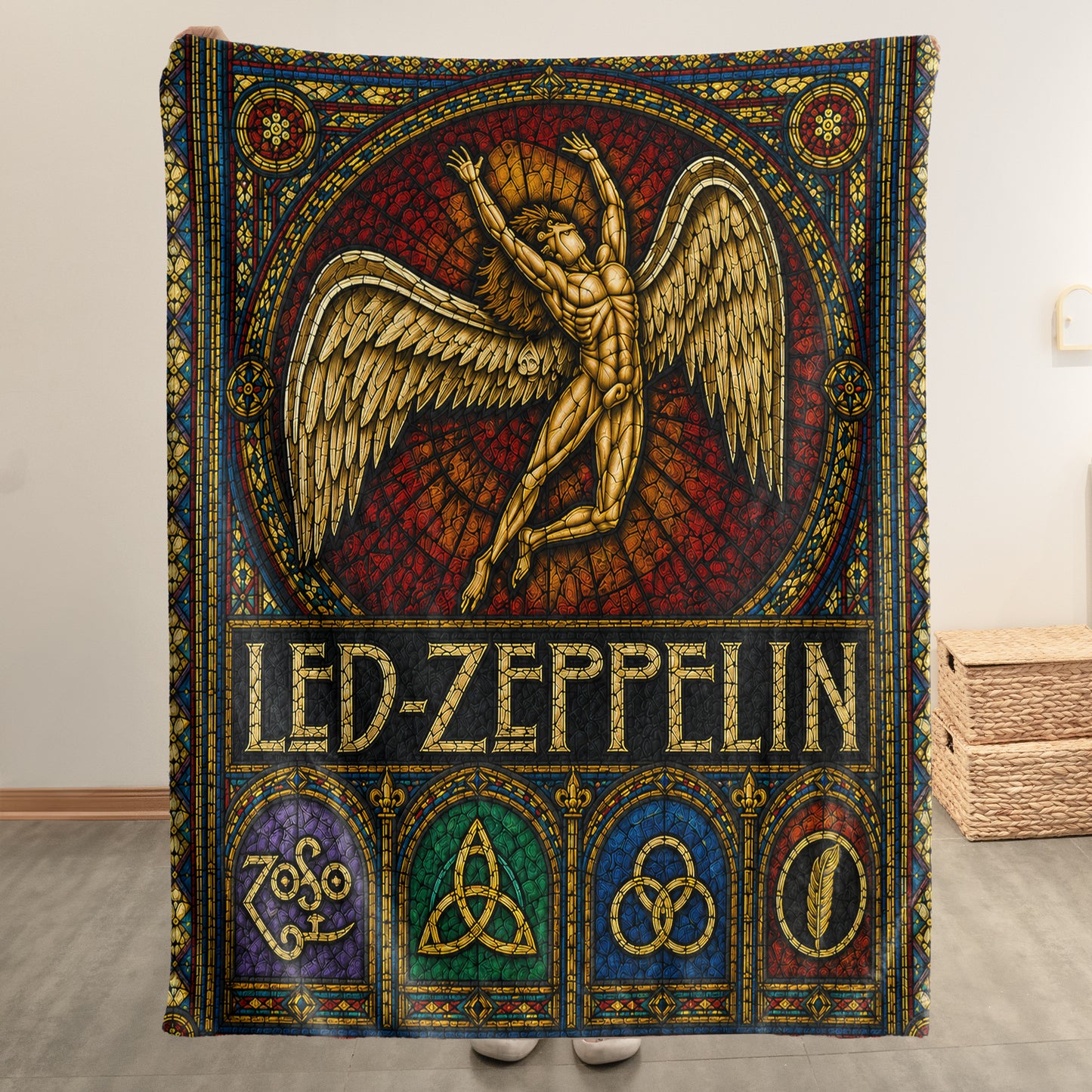 Led Zeppelin Sherpa Blanket – Icarus Swan Song Stained Glass Rock Icon Throw Blanket