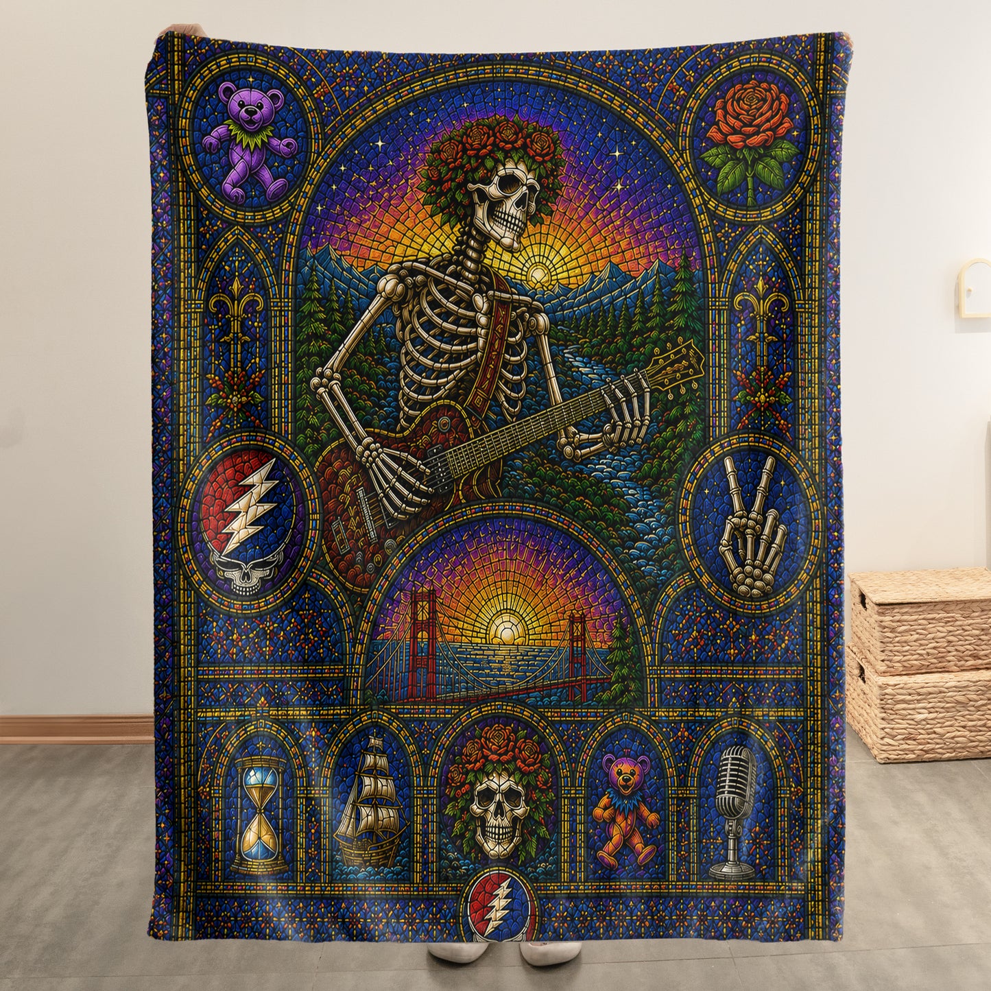 Grateful Dead Sherpa Blanket – Bertha Skeleton Guitarist Gothic Stained Glass Blanket
