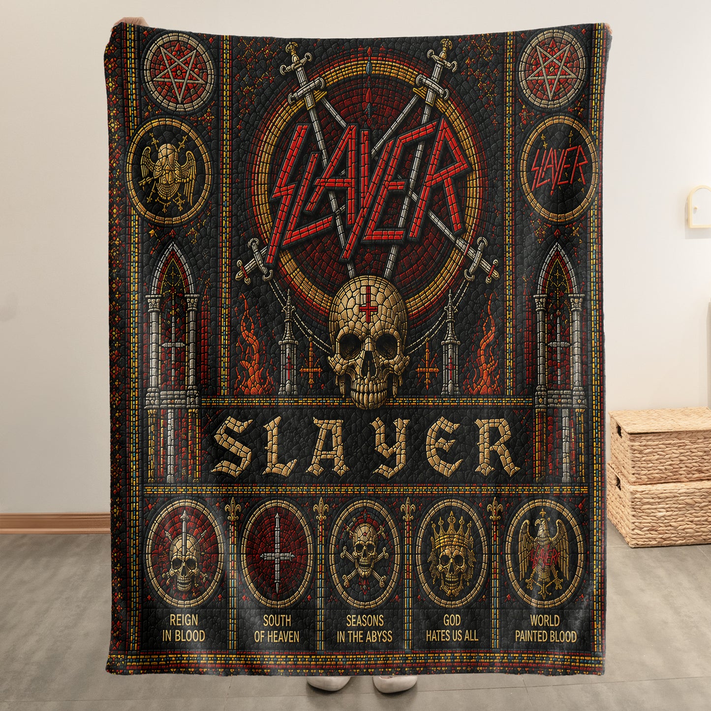 Slayer Sherpa Blanket – Eagle Swords Skull Stained Glass Thrash Metal Throw Blanket