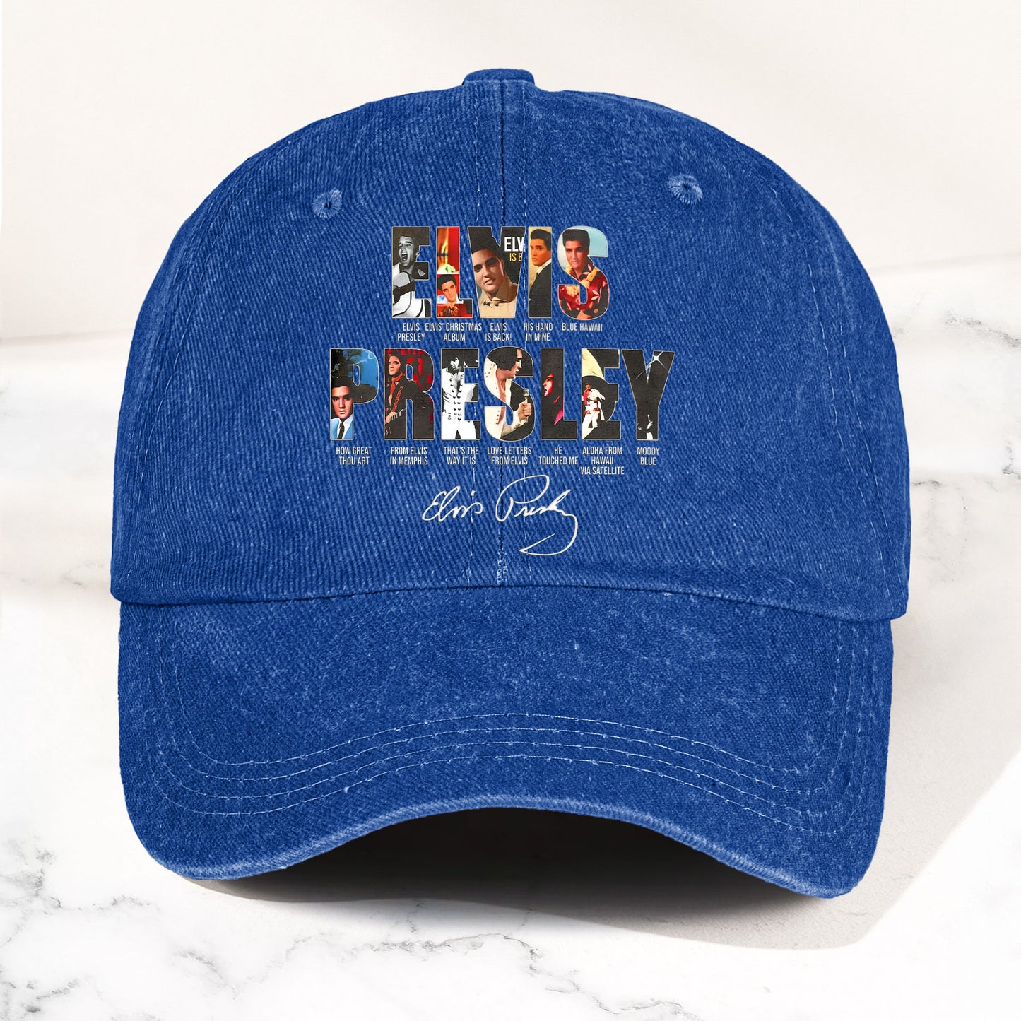 Elvis Presley Denim Dad Cap – Iconic Album Collage Design ( With BOX)