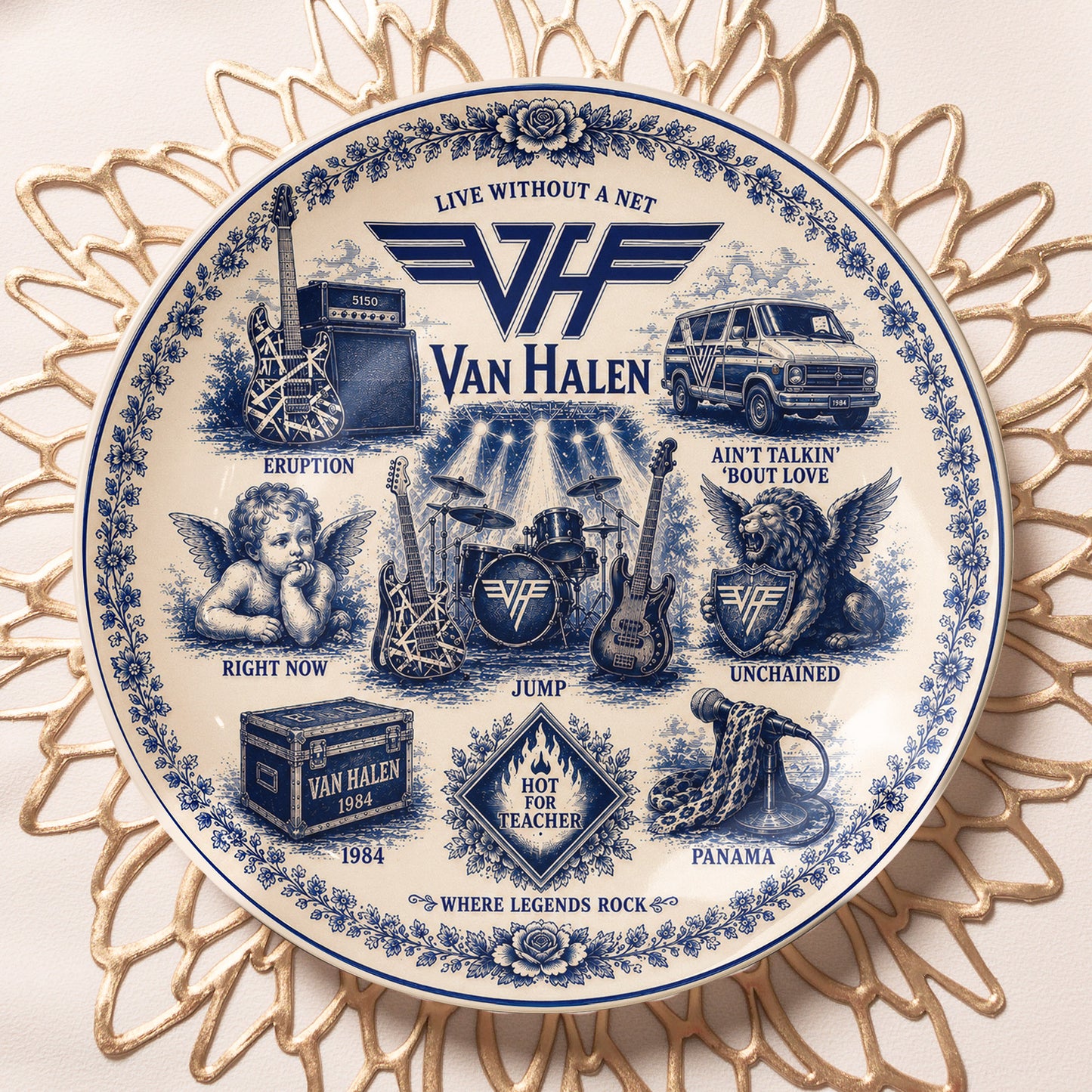 Van Halen Ceramic Plate with Display Stand – Classic Rock Music Memorabilia Gift