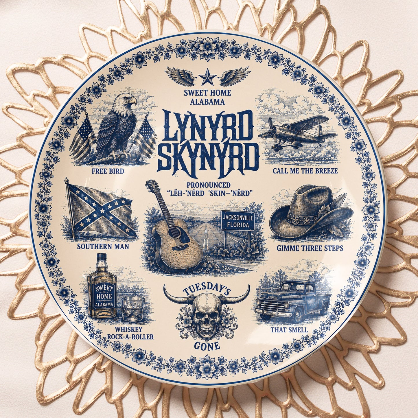Lynyrd Skynyrd Decorative Ceramic Plate with Stand – Blue & White Southern Rock Art Gift