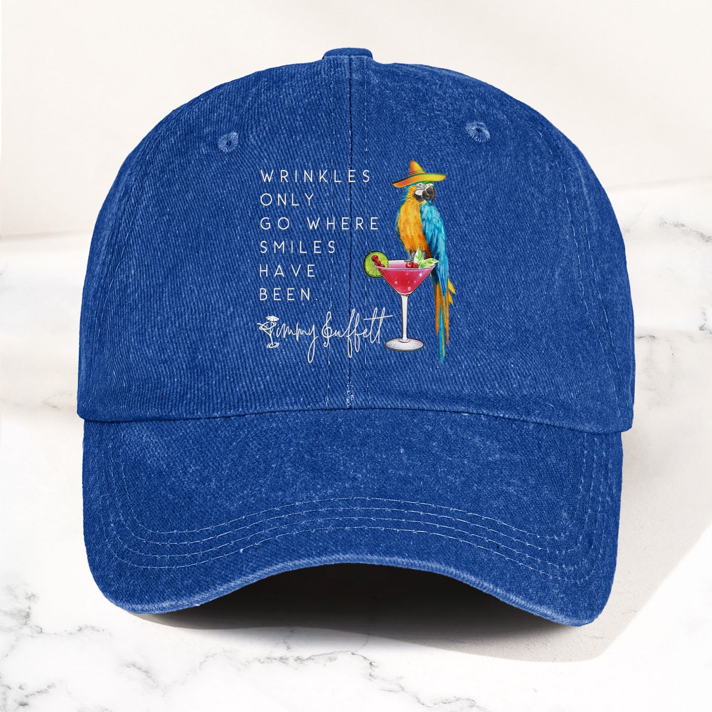 Jimmy Buffett Quote Denim Dad Cap – "Wrinkles Only Go Where Smiles Have Been"