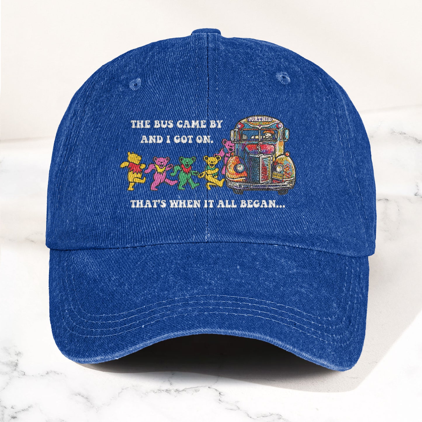Grateful Dead Further Bus And Dancing Bears Denim Cap – Vintage Music Grateful Dead Merch Gift for Dad (With Box)