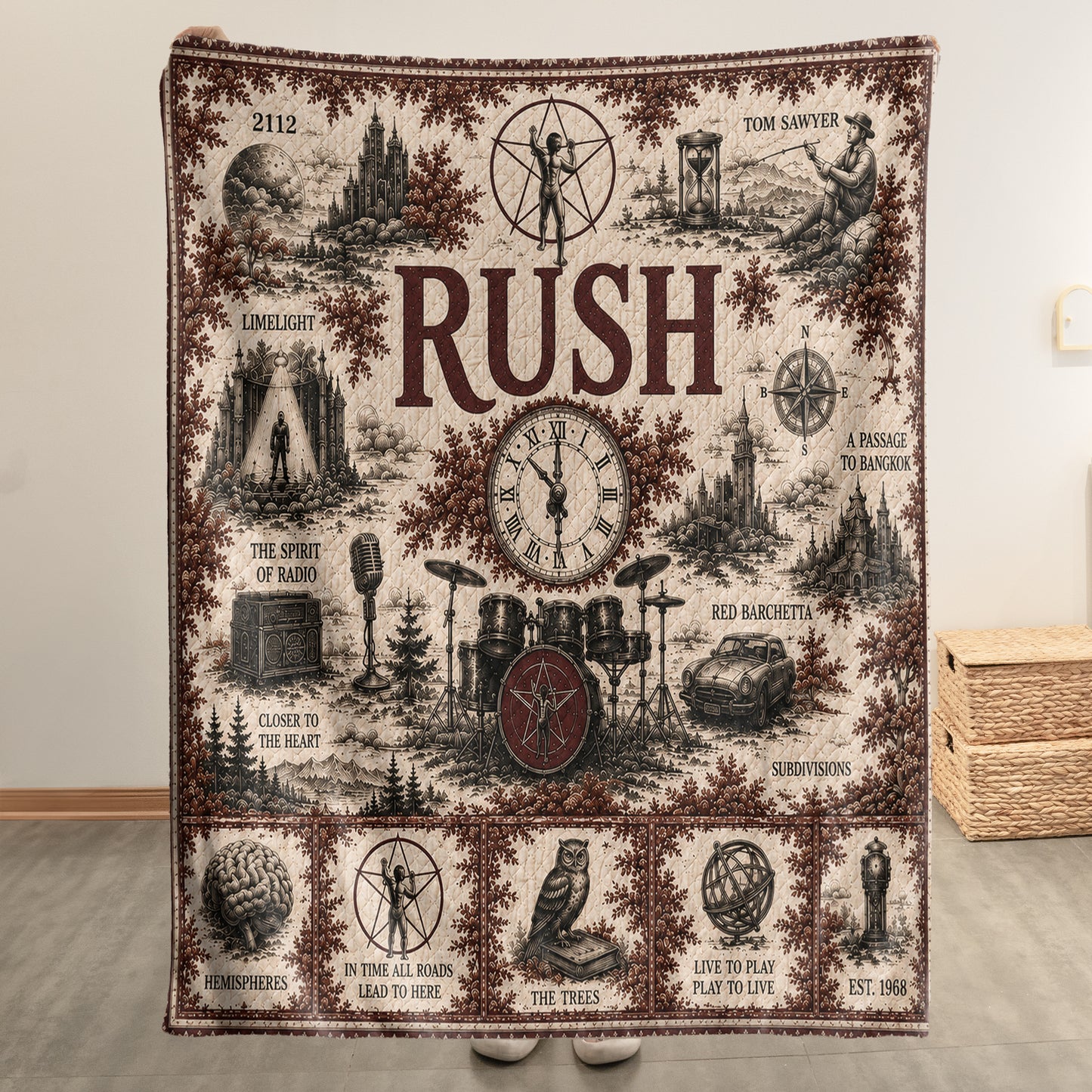 Rush Band Sherpa Blanket – Starman Vintage Sketch Collage Progressive Rock Blanket