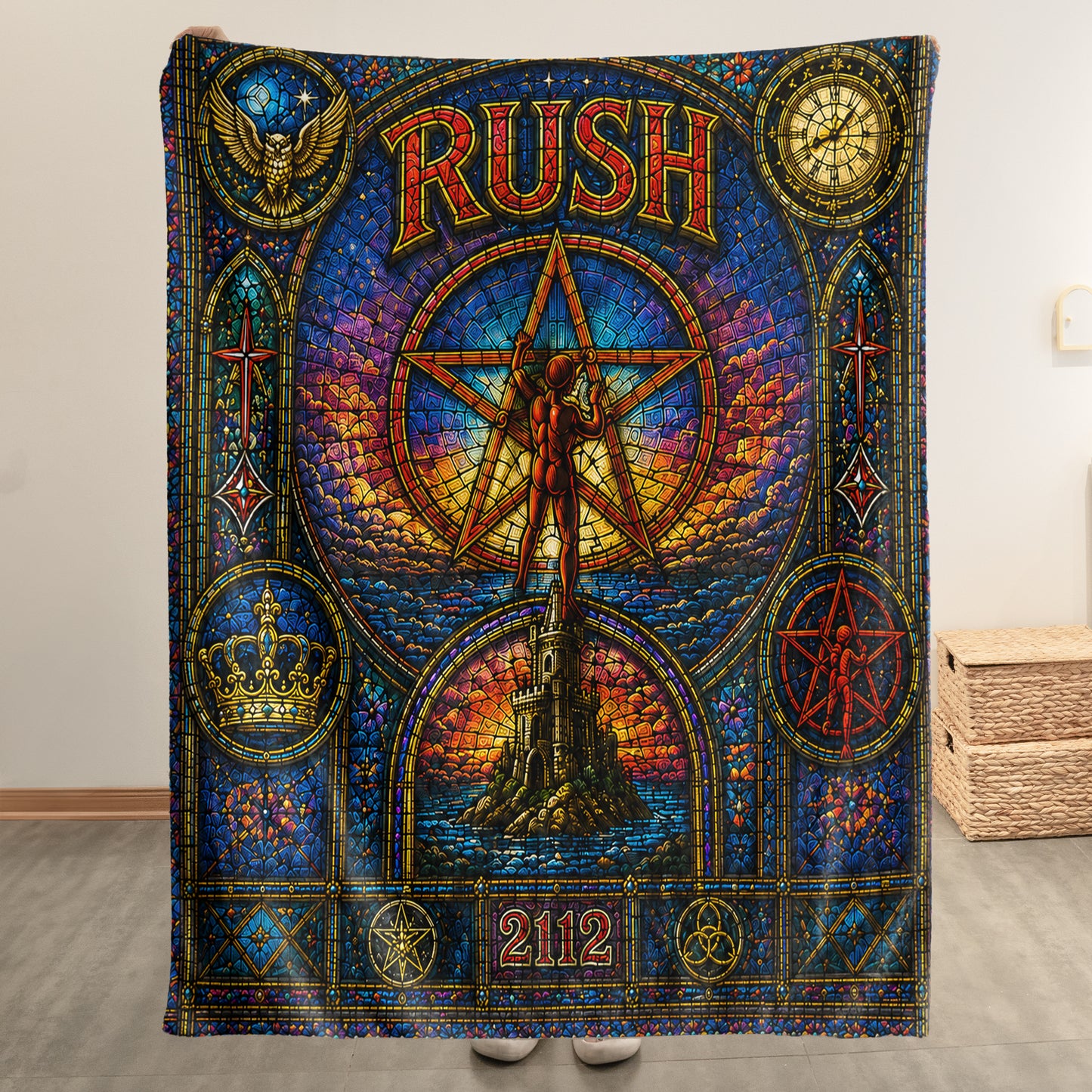 Rush 2112 Sherpa Blanket – Starman Stained Glass Progressive Rock Icon Throw Blanket