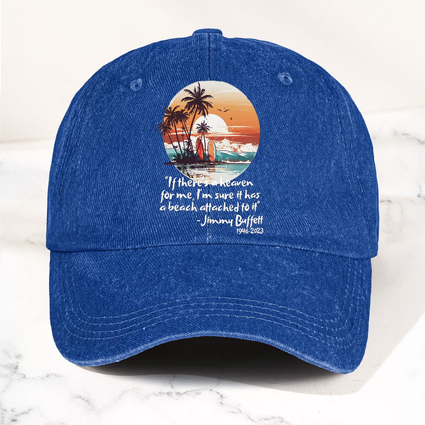 Jimmy Buffett Beach Quote Denim Dad Cap – Vintage Washed Tropical Hat