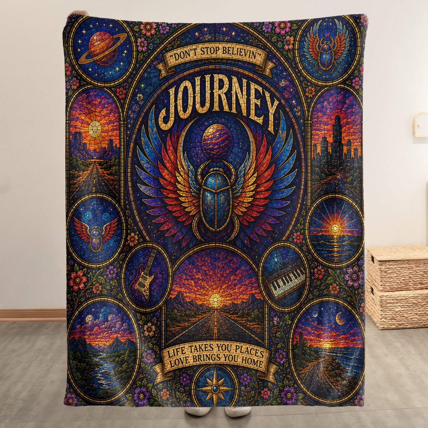 Journey Band Sherpa Blanket – Don't Stop Believin' Stained Glass Blanket