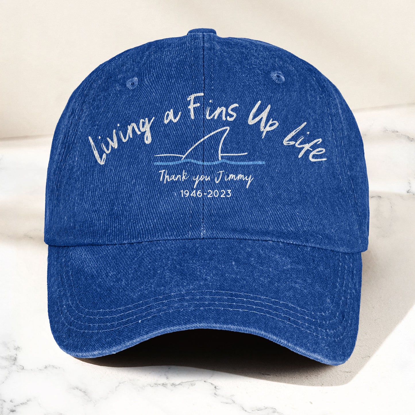 Living A Fins Up Life Denim Cap – Retro Jimmy Buffett Inspired Dad Hat (With Box)