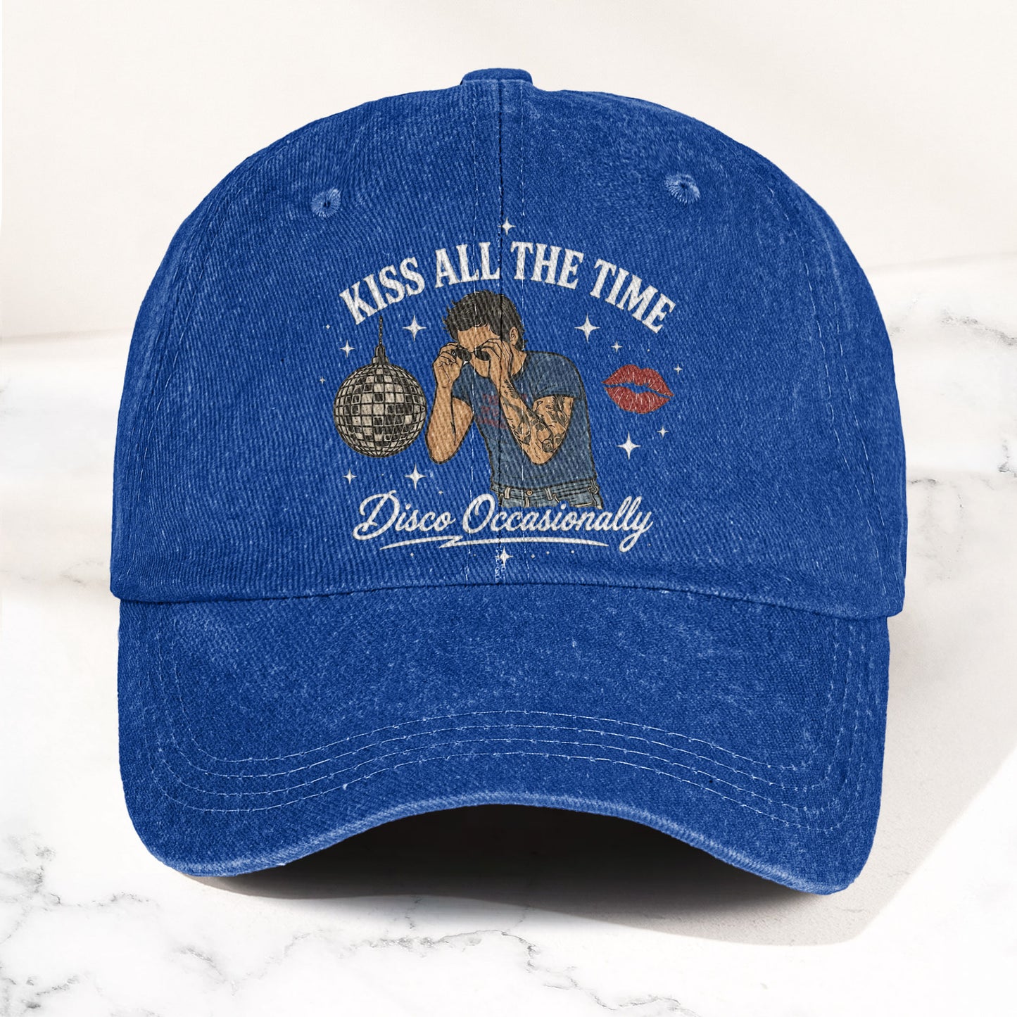 Kiss All The Time Disco Harry Styles Illustration Denim Cap – Retro Vintage Dad Cap Gift For Dad (With Box)