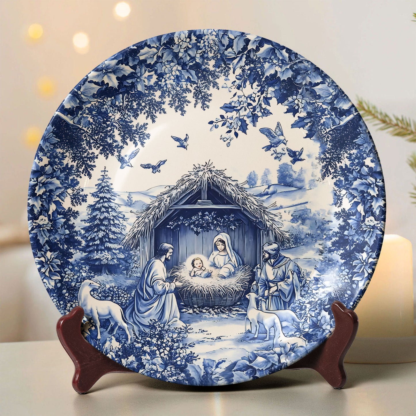 Christmas Nativity Collectible Ceramic Plate – Blue Winter Design