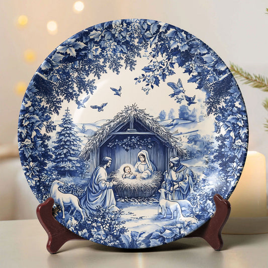 Christmas Nativity Collectible Ceramic Plate – Blue Winter Design