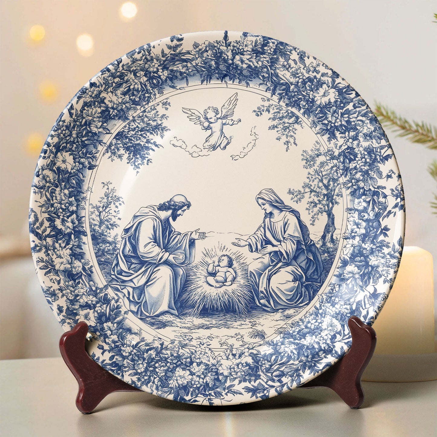 Nativity Scene Decorative Ceramic Plate – Blue & White Christmas Collectible