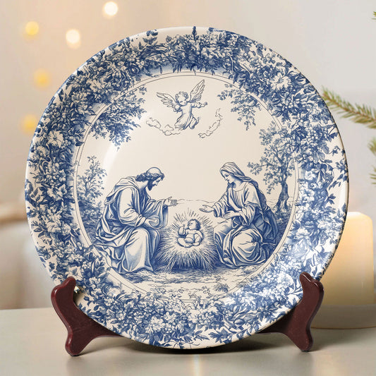 Nativity Scene Decorative Ceramic Plate – Blue & White Christmas Collectible