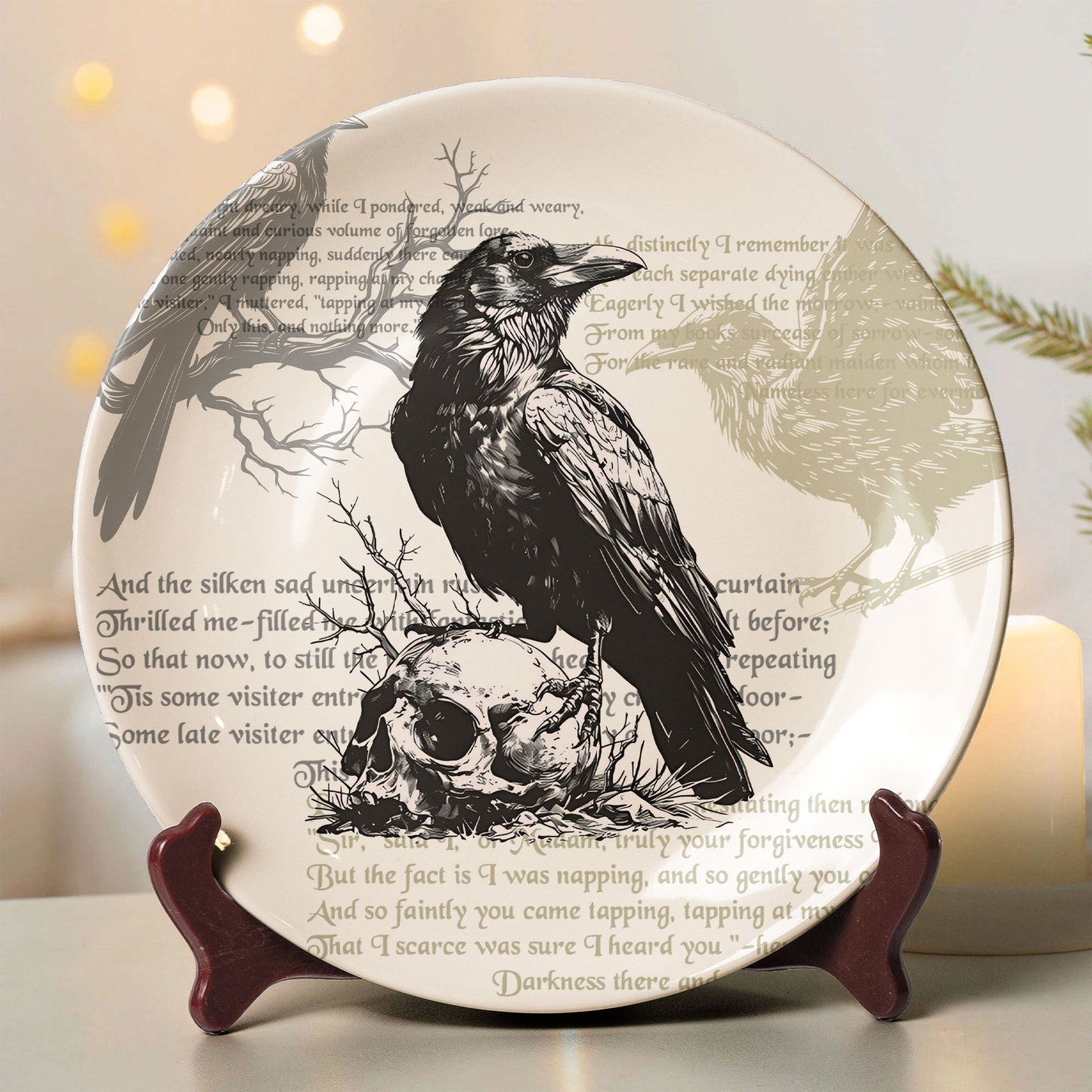 “Nevermore” Raven & Skull Decorative Ceramic Plate – Inspired by Edgar Allan Poe