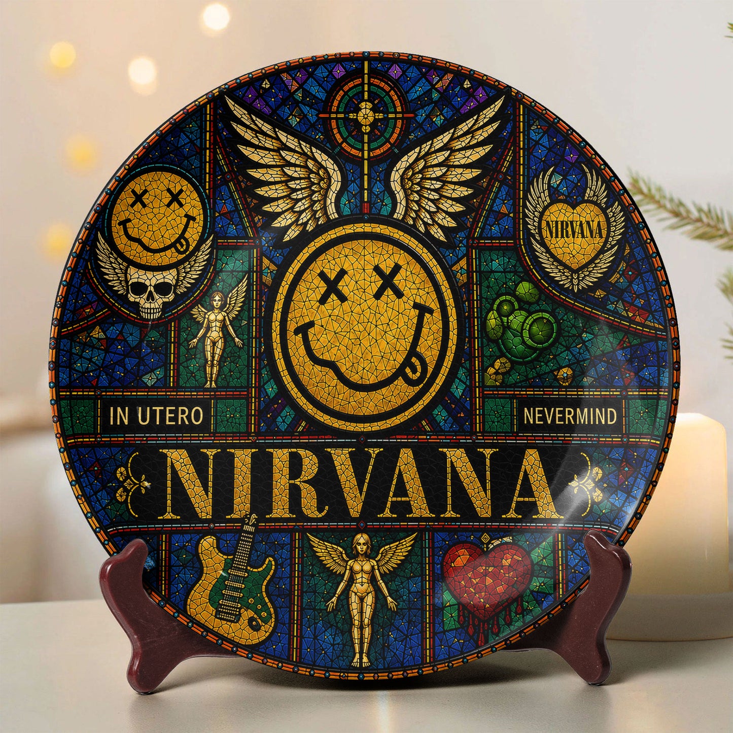 Nirvana Stained Glass Decorative Ceramic Plate – Nevermind & In Utero Inspired Music Collector Plate, Grunge Wall Art Gift for Fans
