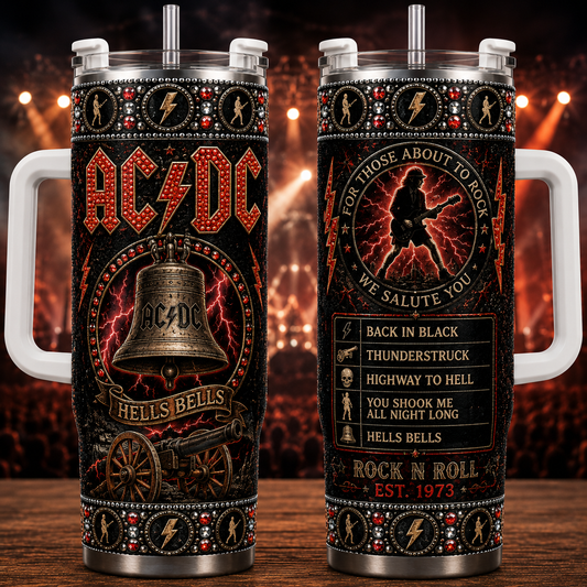 AC/DC 40oz Rhinestone Insulated Tumbler with Handle - Rock Band Stainless Steel Travel Mug with Straw and Lid